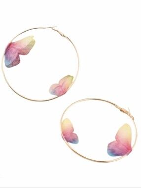 Pastel Multi Butterflies Gold Hoop Earrings Pink Yellow Blue Big Butterfly Hoops